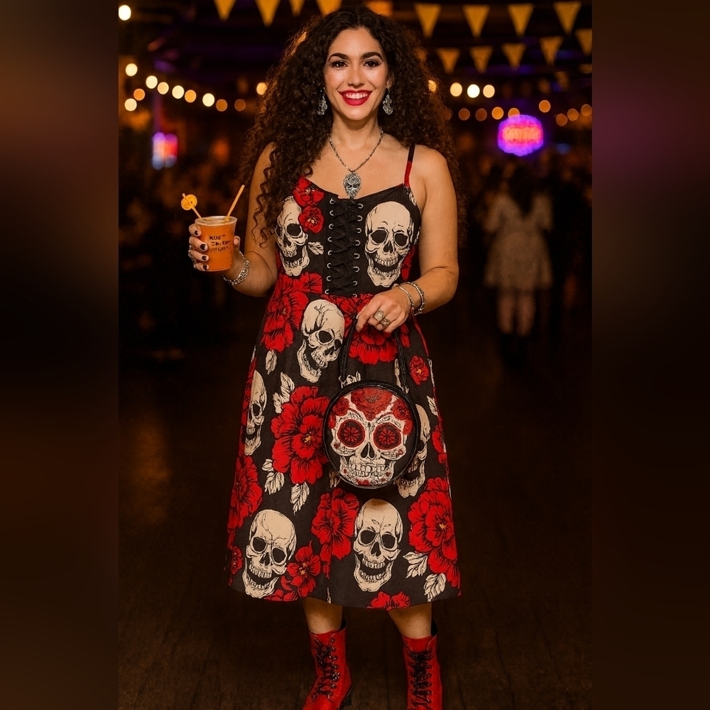 Summerween Dress 1X Sugar Skull Sexy Red Rose Lace-Up Grunge Corset Whimsigoth